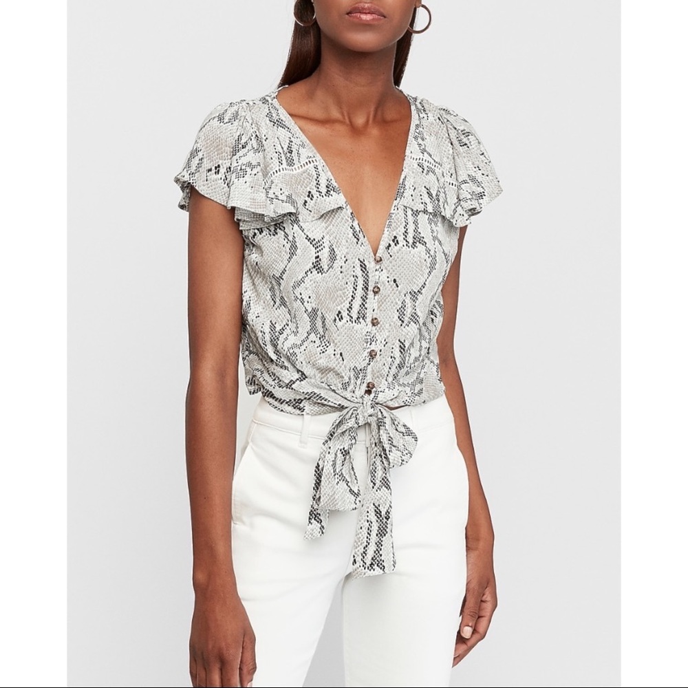 EXPRESS Snakeskin Flutter Sleeve Tie Front Top